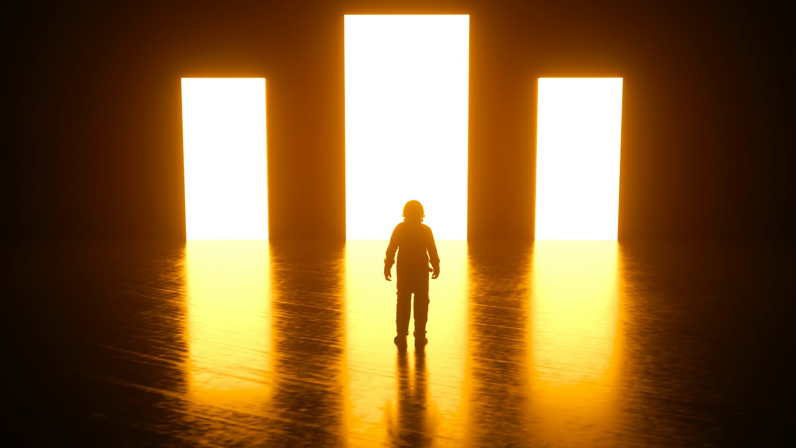 Tres puertas iluminadas que simbolizan distintas opciones a la hora de decidir
